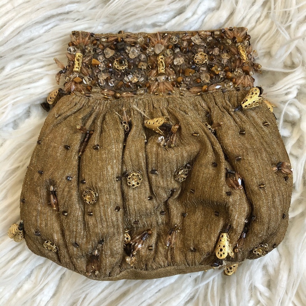 Meeras Nilofer Shahid Tan Gold Hand Beaded Pakistani Silk Evening Bag Clutch